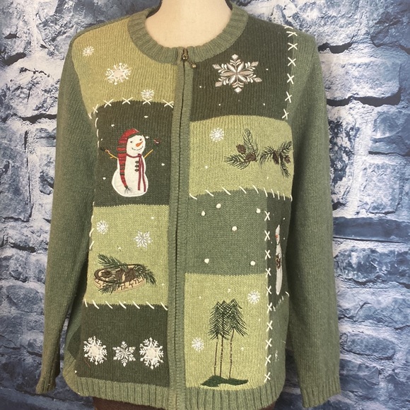 Christmas Embroidered Snowman silk blend snowflake Full Zip Up Sweater - Picture 8 of 8